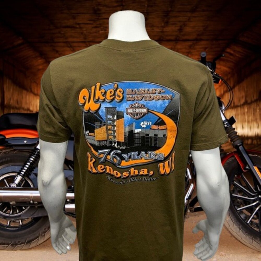 Harley Davidson Motorcycles Uke's Kenosha, WI Army Green Graphic T-Shirt Large